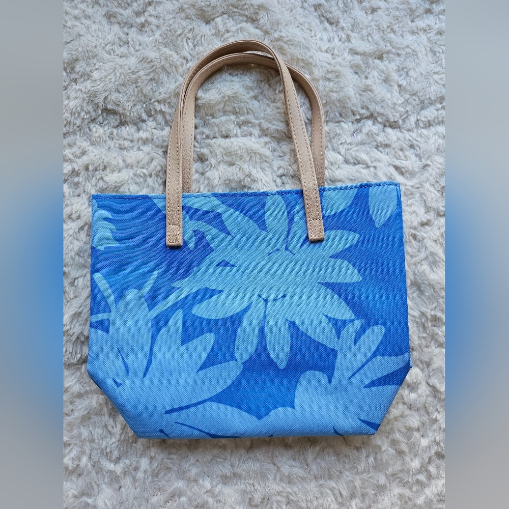 Estee Lauder Cosmetic Makeup Bag Purse, Blue, Tan, Floral Pattern, EUC